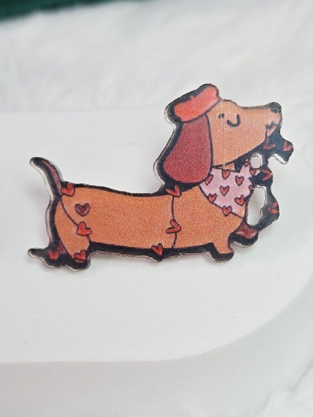 Parisian Dachshund Lapel Pin Love Brown Doxie Acrylic Romantic Dog Mom Whimsy